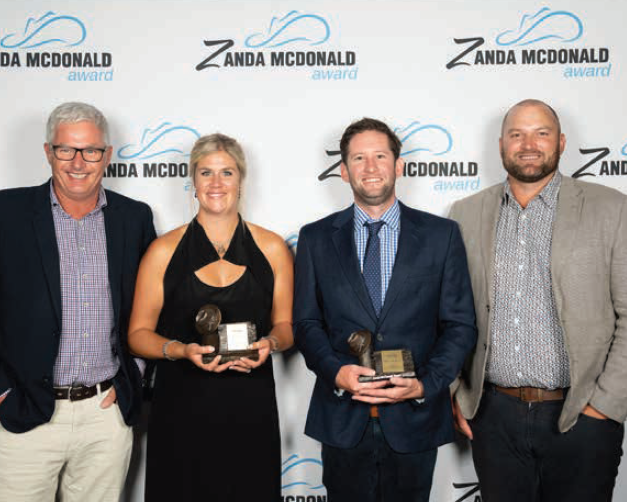 From left: Conrad Wilkshire, Property Brokers Rural GM, 2023 Zanda McDonald Award winners, Harriet Bremner Pinckney, New Zealand, Mitch Highett, Australia, Jared Brock, Property Brokers Rural Sales Consultant, at the Zanda McDonald Award Celebration in Brisbane, Australia, March 2023.